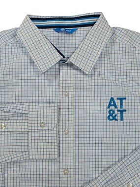 AT&T Button Shirt Men's L White Gray Check Casual Office Embroidered Logo